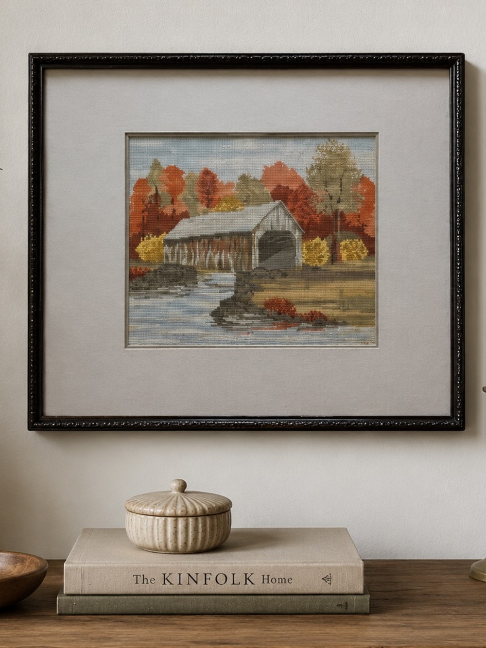 Vintage Framed Cross Stitch Autumn Covered Bridge & River cottagecore farmhouse